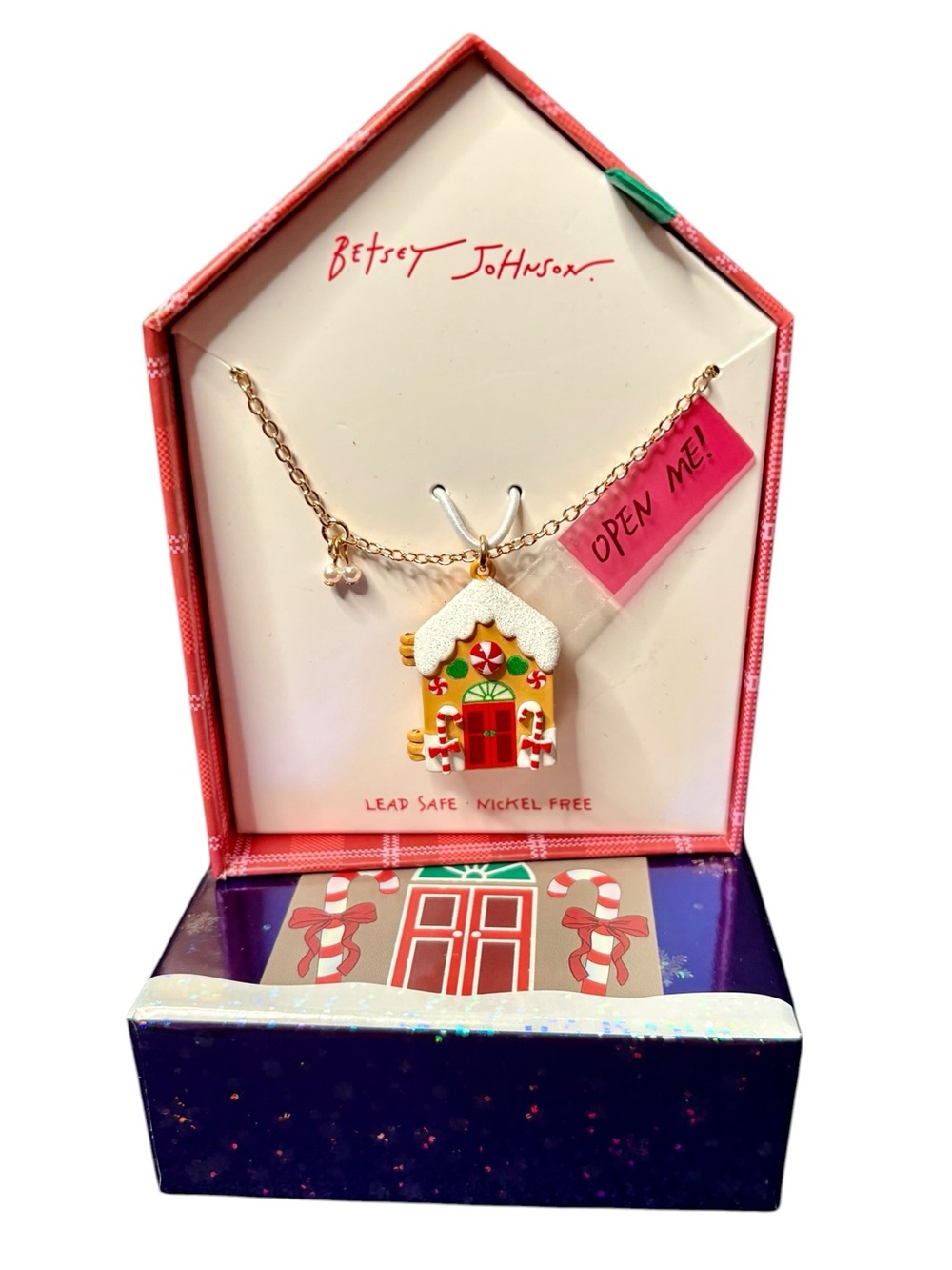 Betsey Johnson Jingle Bell Bling Gingerbread House locket Pendant Necklace NEW